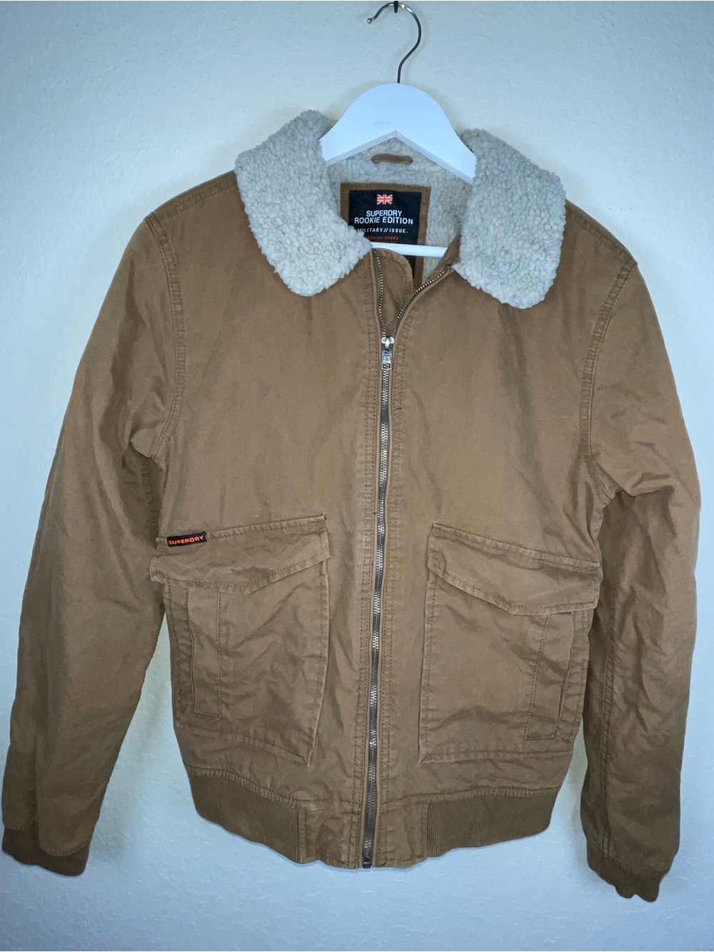 Superdry Rookie Edition Military Issue Men’s Bomber Jacket Sherpa Collar Brown S